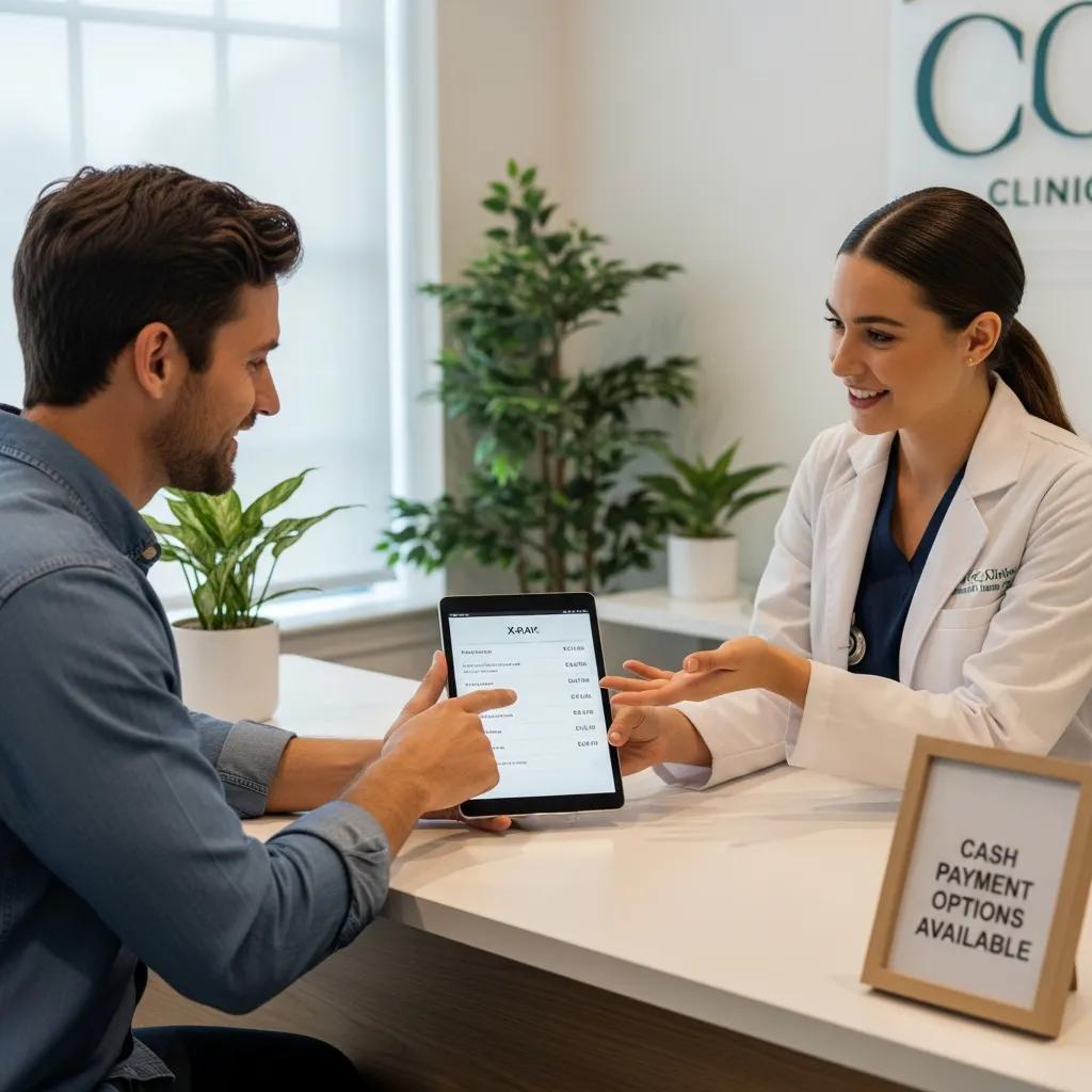 Man consulting with healthcare provider about X-ray costs on a tablet, with a sign indicating cash payment options available, in a clinical setting.