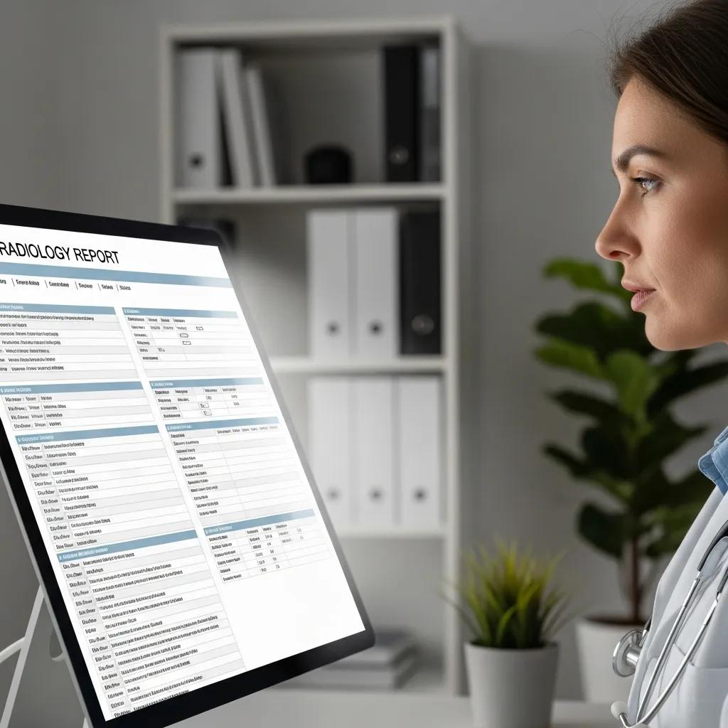 Healthcare professional analyzing a structured radiology report template on a computer screen, emphasizing accurate documentation and communication in patient care.