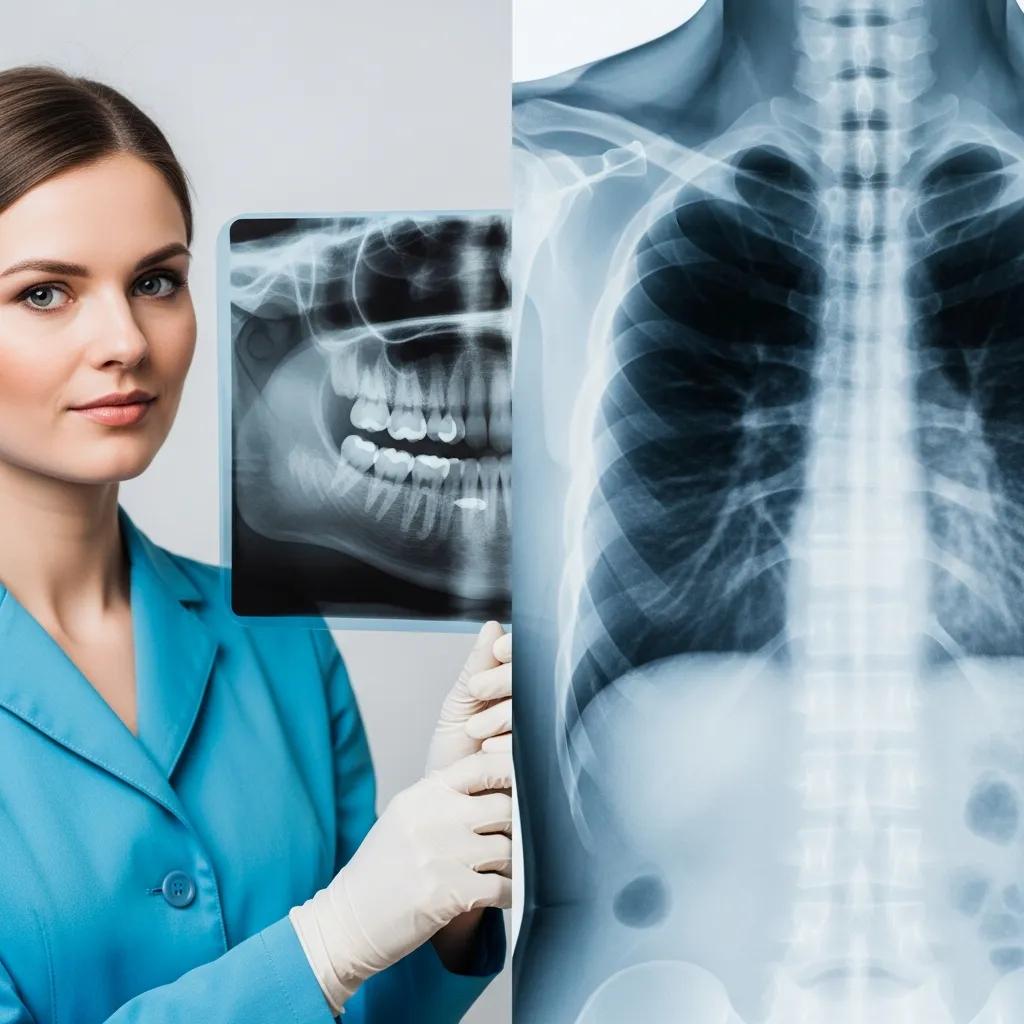 Radiology professional holding dental X-ray and displaying chest X-ray, illustrating differences between dental and medical imaging for patient education.