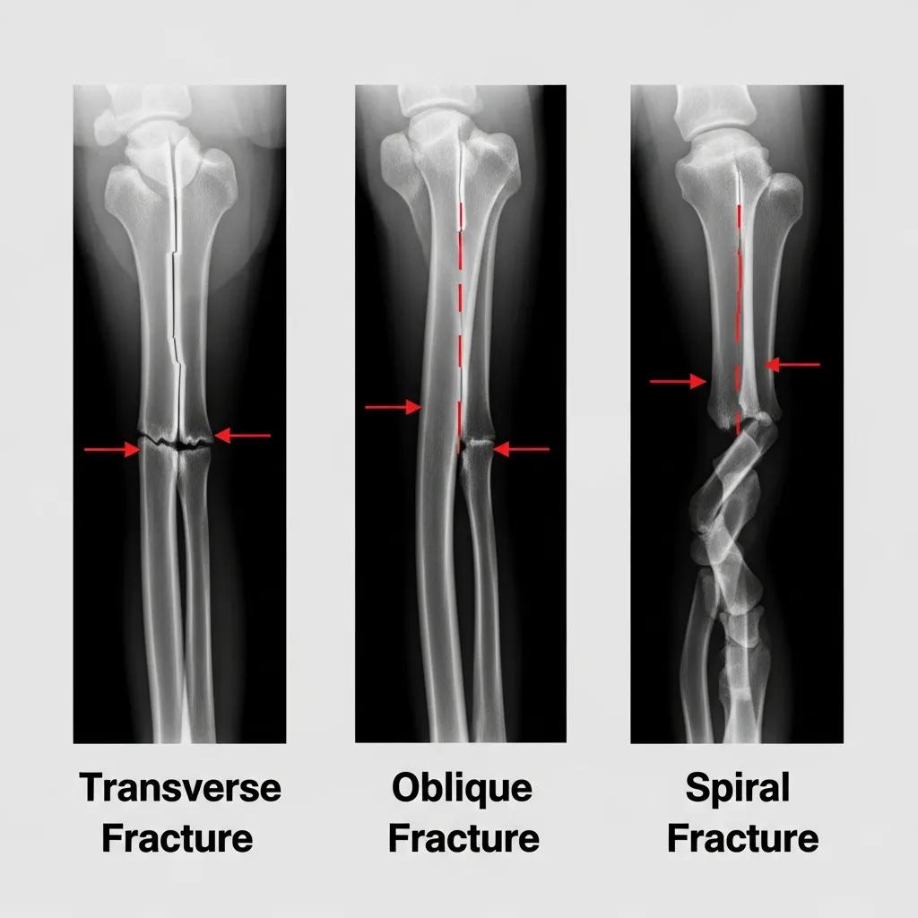 Transverse, oblique, and spiral fractures illustrated on skeletal X-rays, highlighting distinct break patterns for diagnostic purposes in bone injuries.