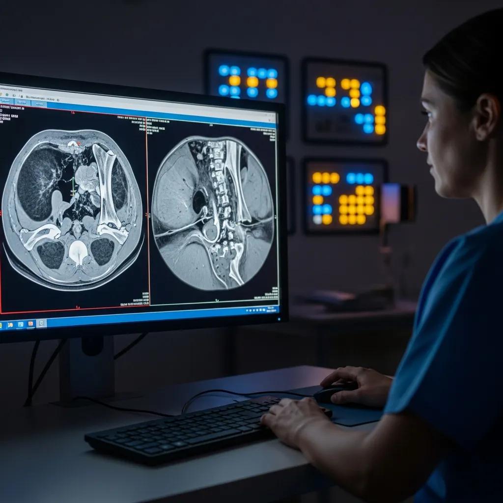 Medical professional reviewing CT and MRI scans of complex bone fractures on a computer screen in a darkened radiology room.