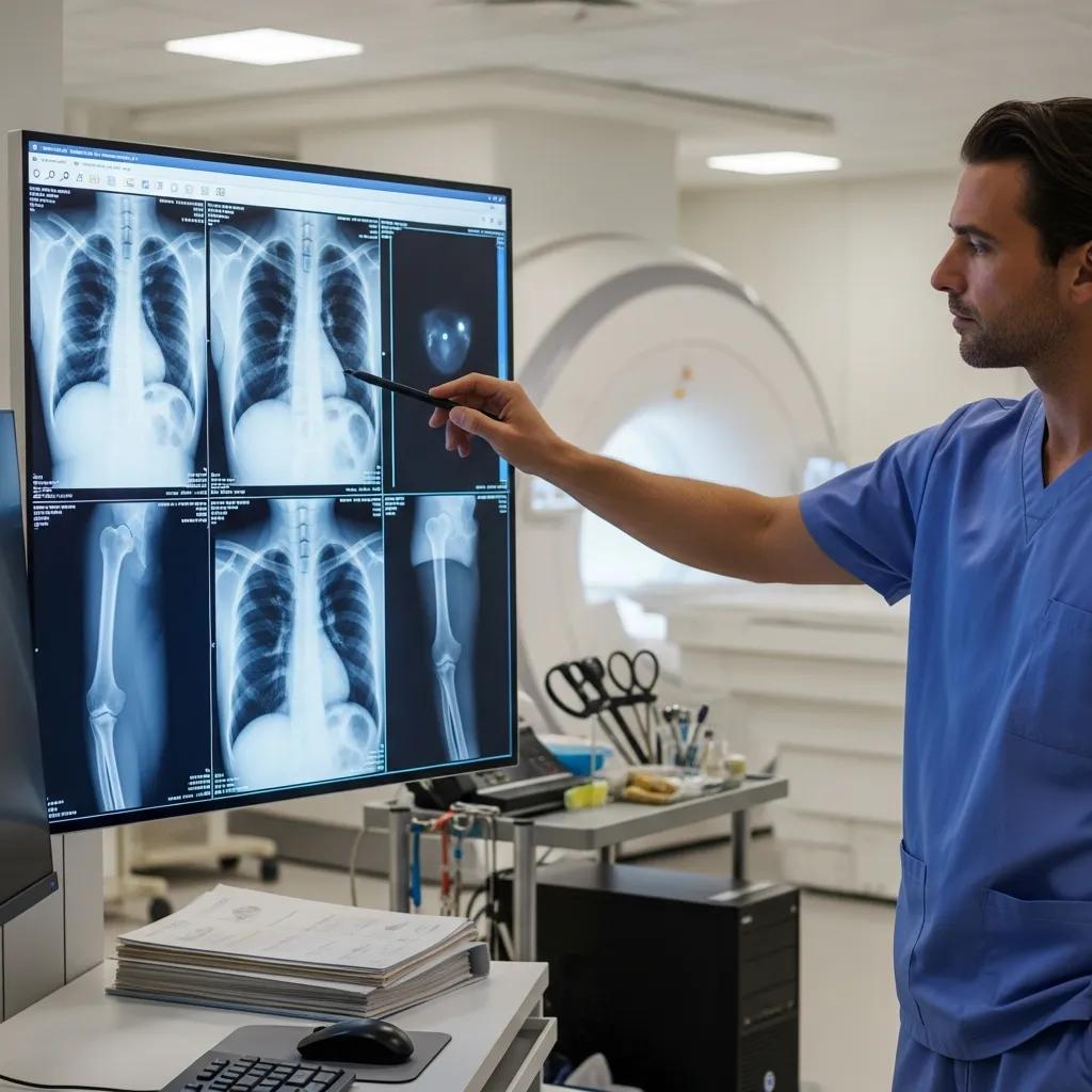 Healthcare professional analyzing X-ray images on a monitor, showcasing the importance of fast diagnostic imaging for urgent medical conditions.