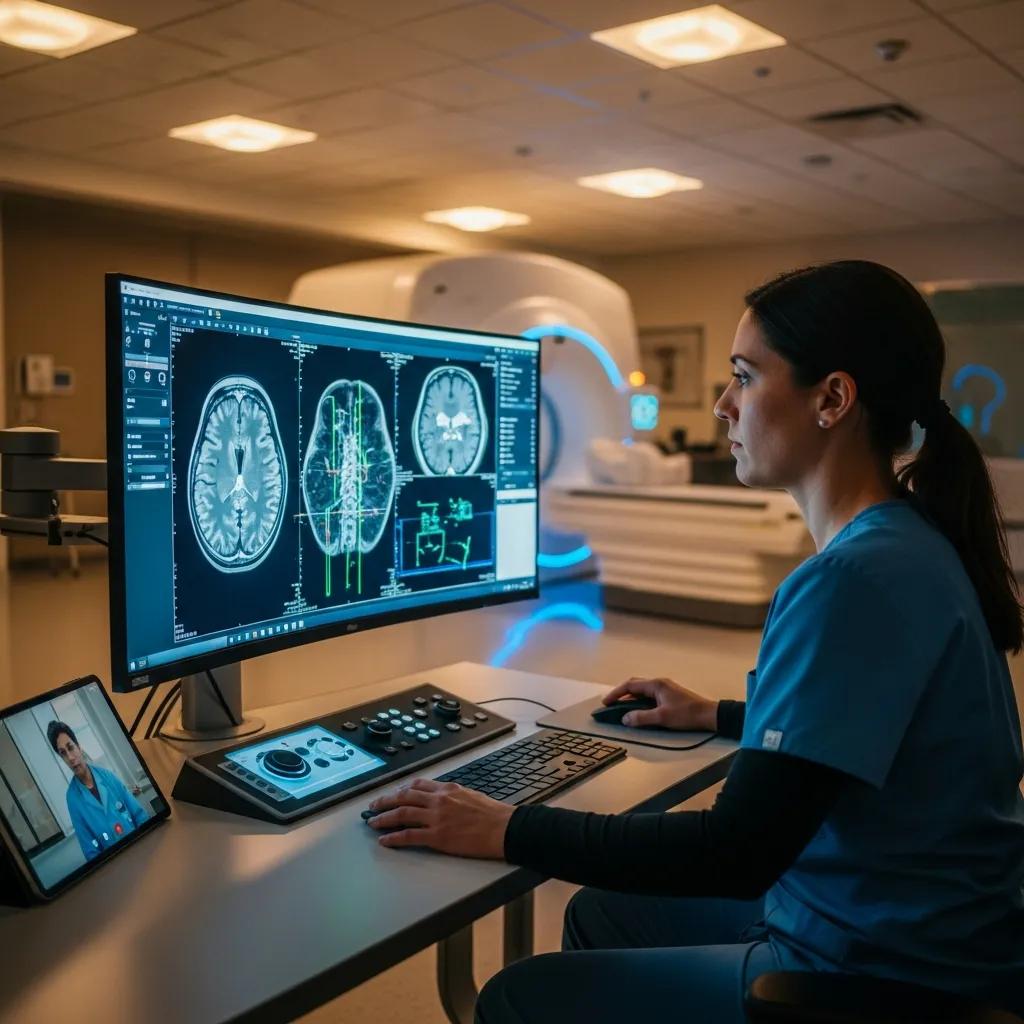 Healthcare professional analyzing brain MRI scans on a computer in a modern radiology facility, emphasizing advanced diagnostic imaging services.