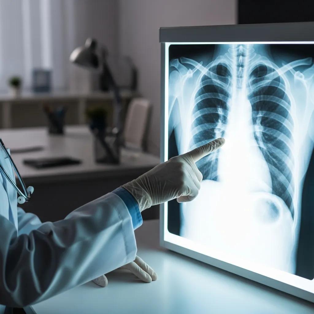 Healthcare professional pointing at chest X-ray results, emphasizing lung health and diagnostic insights, in a clinical setting.