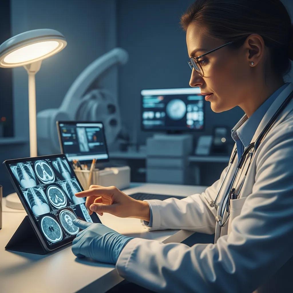 Healthcare professional reviewing radiology images on a tablet in a modern medical setting, emphasizing expert diagnostic imaging services in Pretoria.