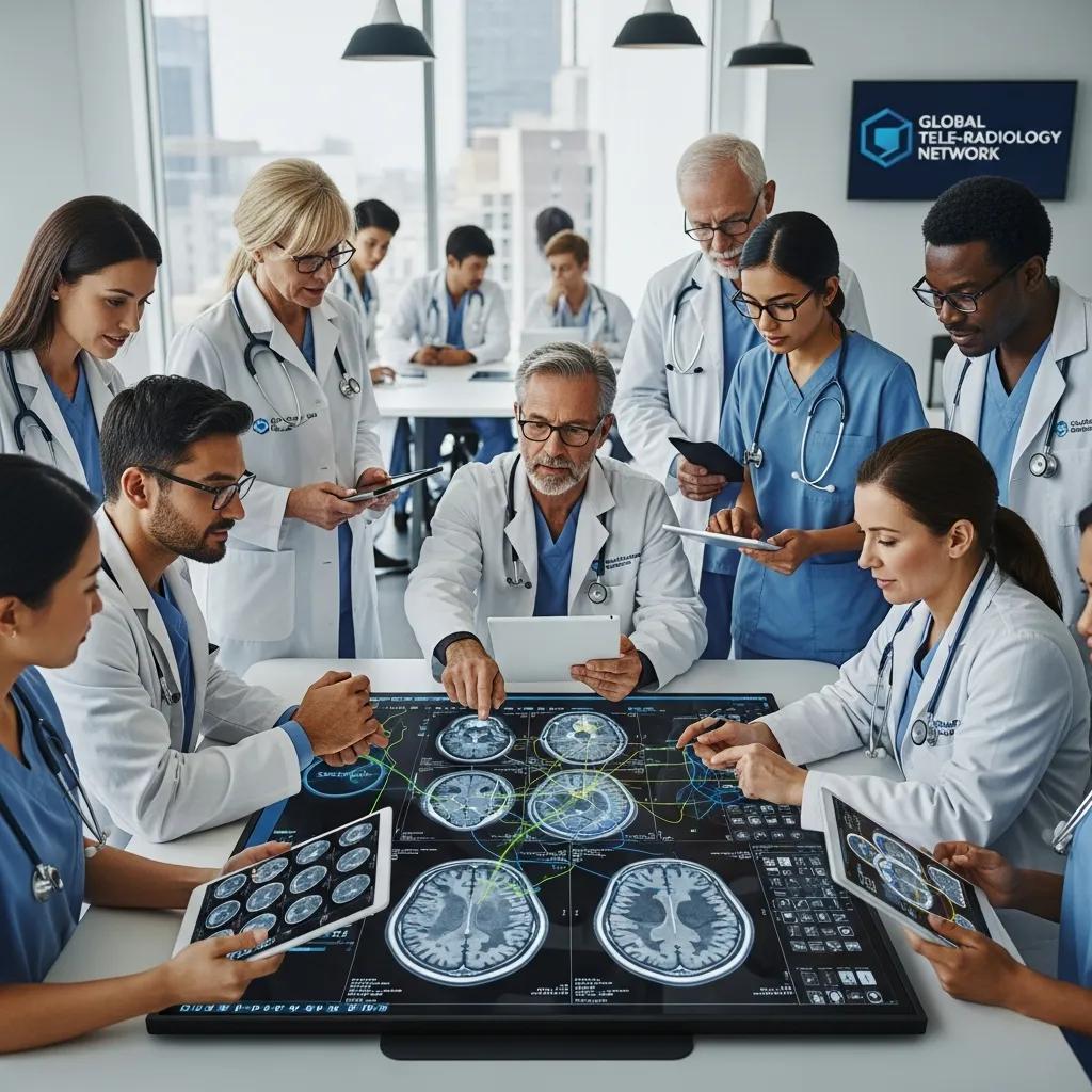 Healthcare professionals collaborating on radiological images in a modern office, discussing teleradiology solutions, with a focus on brain scans and technology integration, reflecting the advancements in remote radiology reporting.