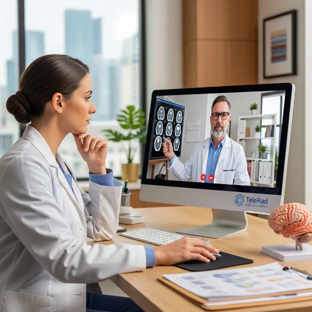 Healthcare provider consulting with a remote radiologist via video call, discussing radiological images, in a modern medical office setting, highlighting teleradiology services and digital communication in healthcare.