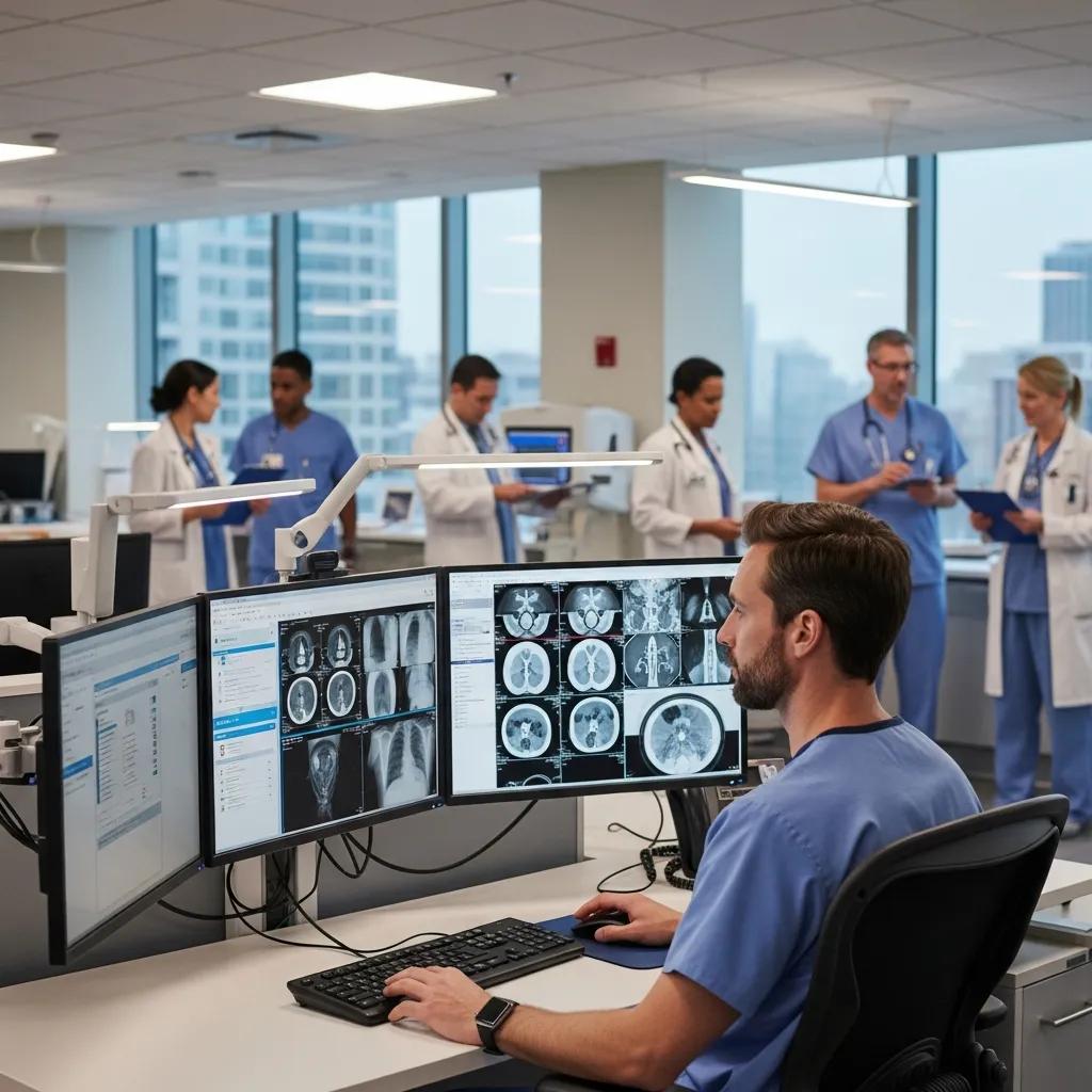 Healthcare professional accessing teleradiology systems on dual monitors, displaying various diagnostic images, in a modern hospital setting with staff collaborating in the background.