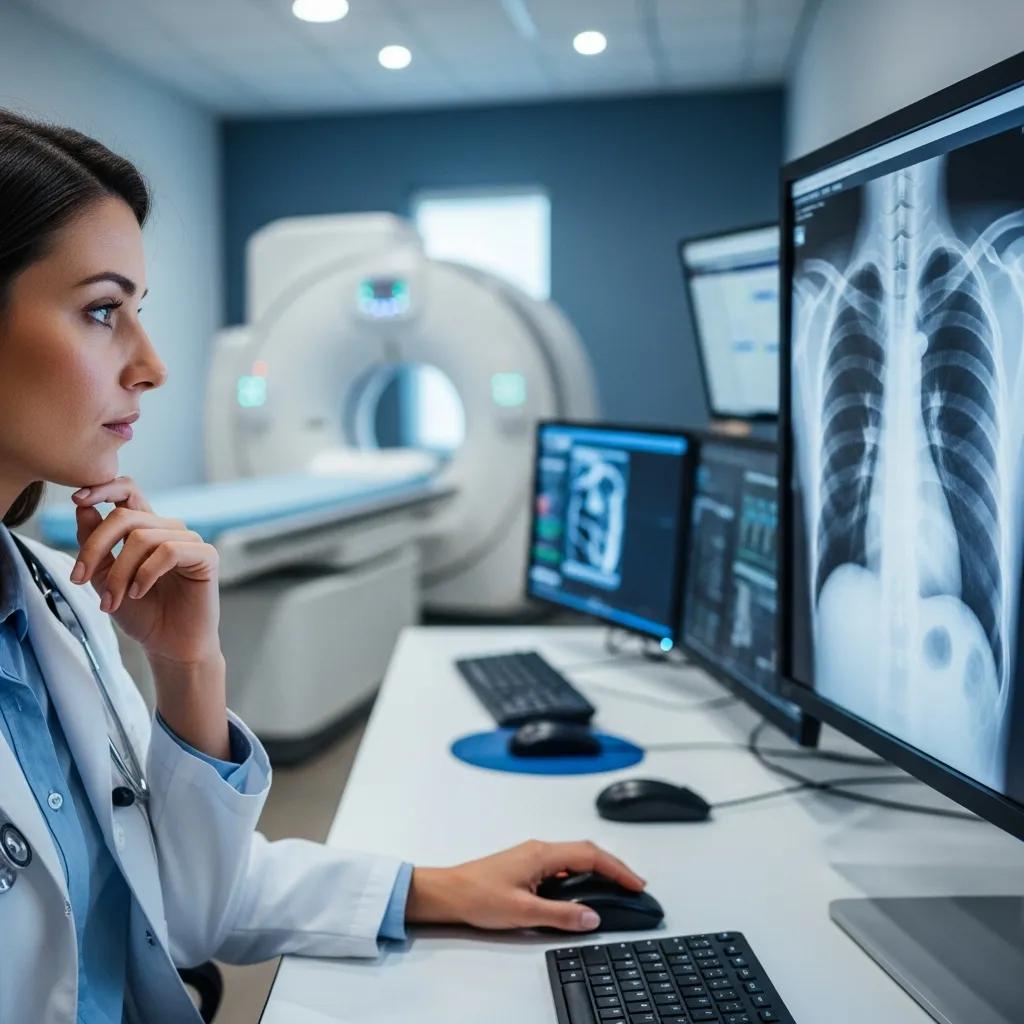 Medical professional analyzing chest X-ray on computer screens in clinical setting, with CT scanner in background, highlighting medical imaging diagnostics.