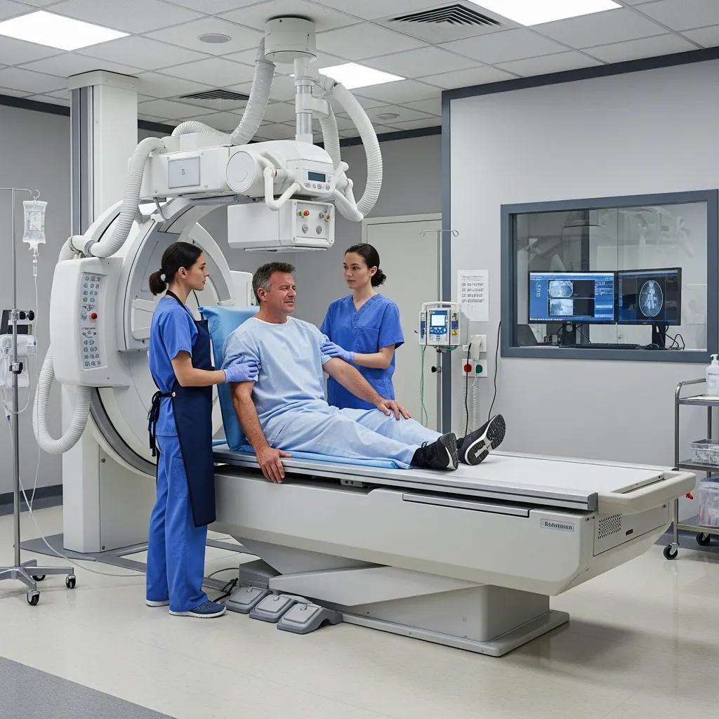 Patient receiving X-ray in modern medical facility with radiology team providing care, emphasizing urgent diagnostic imaging services.