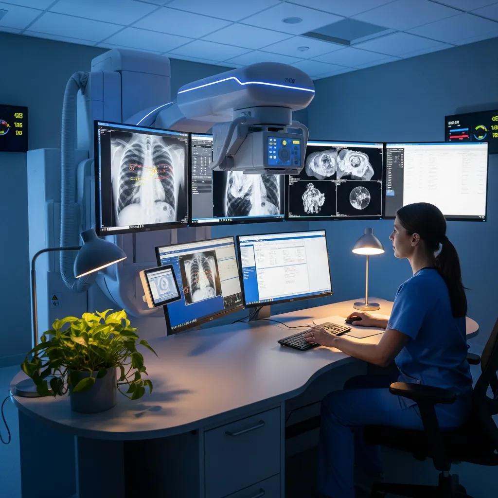 Modern radiology workspace with digital X-ray machine, radiologist analyzing images on multiple screens, and a plant on the desk.
