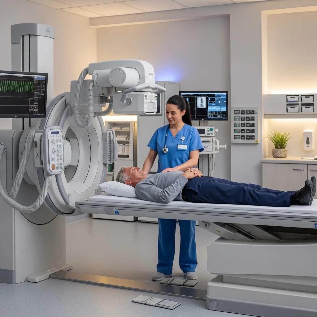 Modern X-ray machine in clinical setting with healthcare professional preparing patient for chest X-ray, emphasizing patient care and advanced diagnostic imaging services.