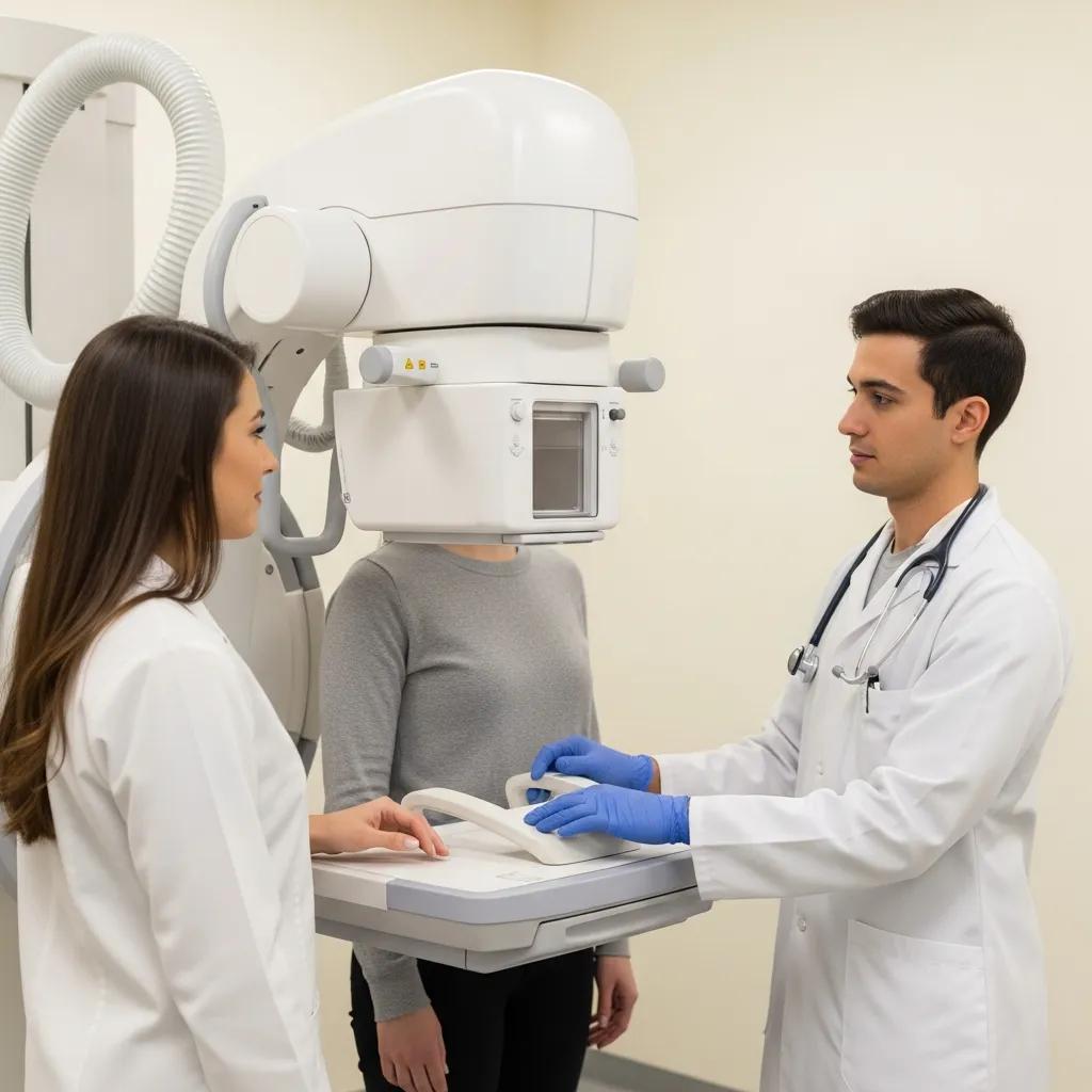Modern X-ray machine in clinical setting with healthcare professional assisting patient, emphasizing diagnostic imaging services and patient care at Tesla Radiological Services.