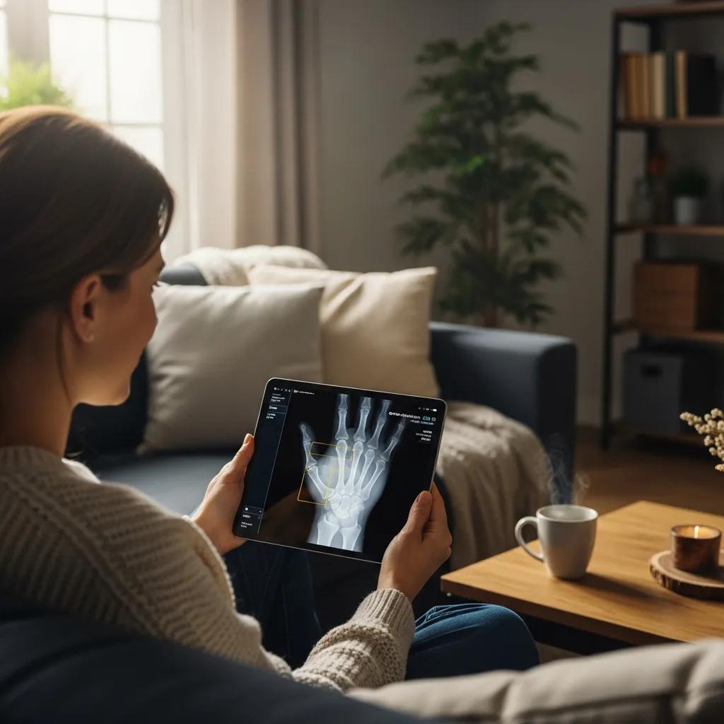 Patient accessing digital x-ray results on a tablet in a home setting, illustrating improved access to healthcare information and enhanced patient experience.