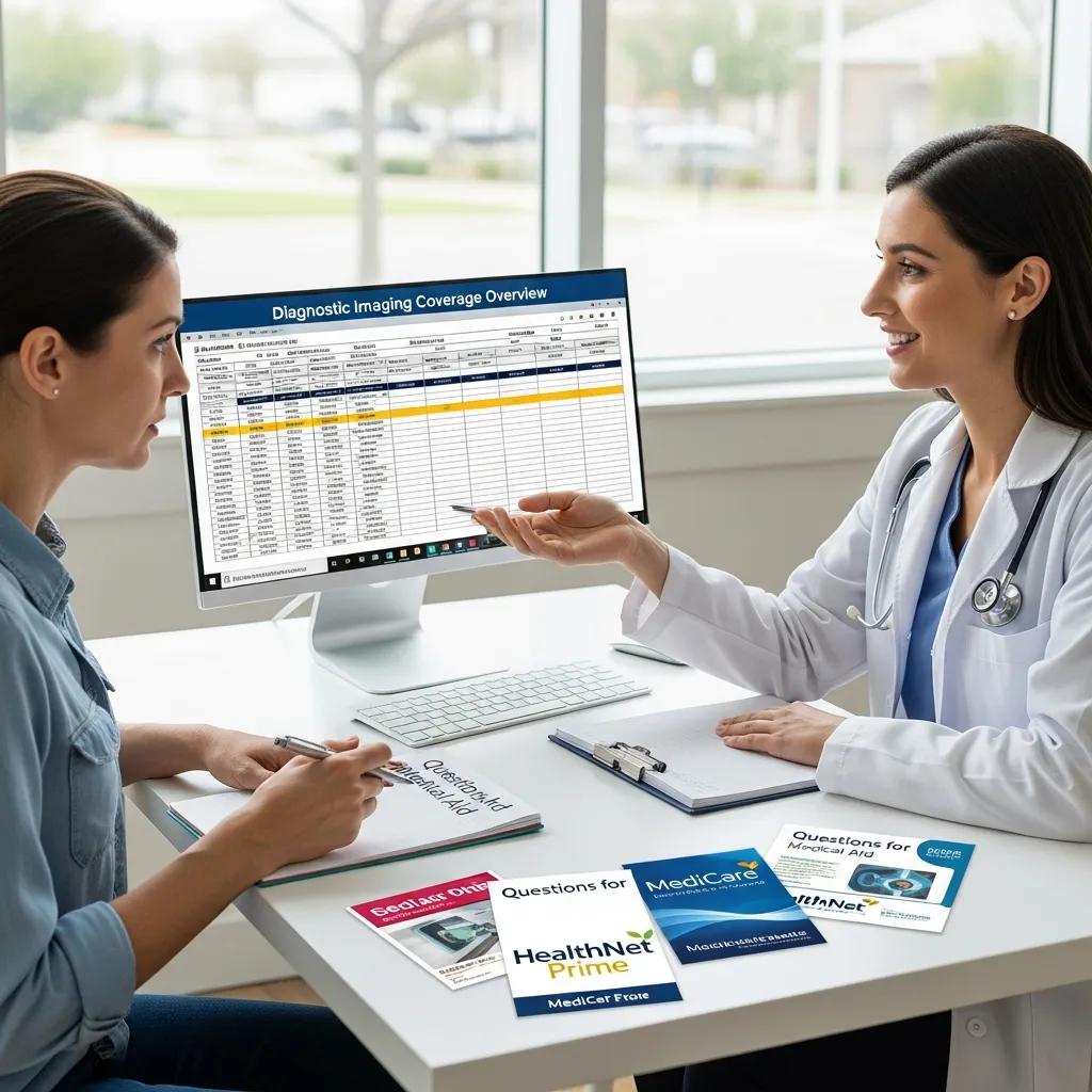 Patient consulting with a healthcare professional about medical aid coverage for diagnostic imaging, featuring a computer screen displaying "Diagnostic Imaging Coverage Overview" and various informational brochures on the table.
