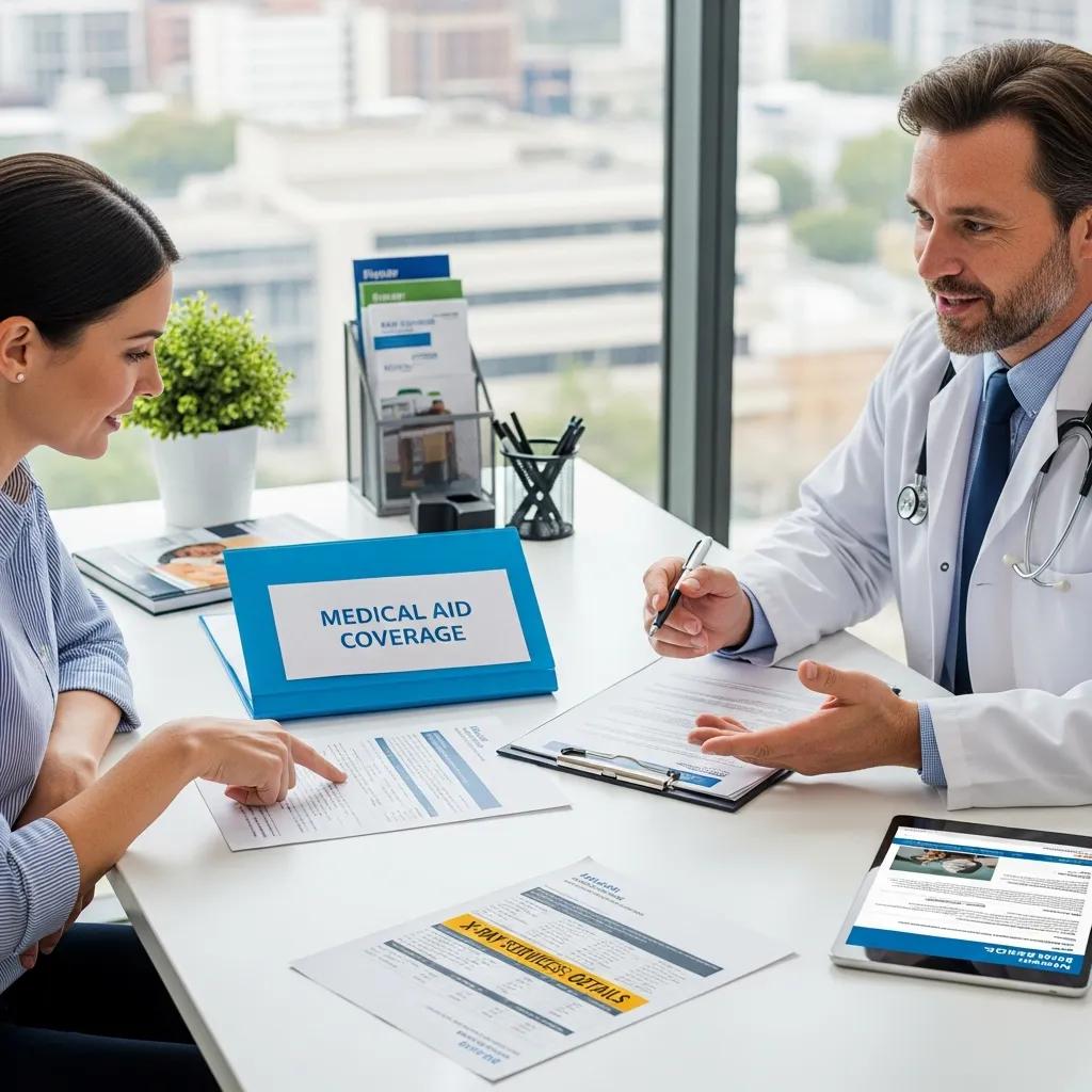 Patient discussing medical aid coverage for X-ray services with a healthcare professional, featuring documents and a sign labeled "MEDICAL AID COVERAGE" on the table, in a radiology clinic setting.