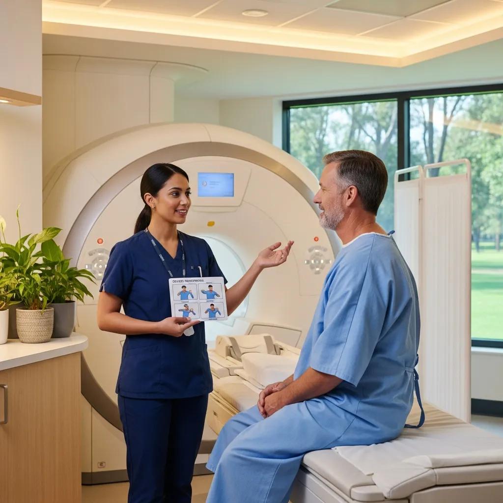 Radiographer explaining preparation steps to a patient in a hospital gown before an X-ray exam at Tesla Radiology Services in Pretoria.