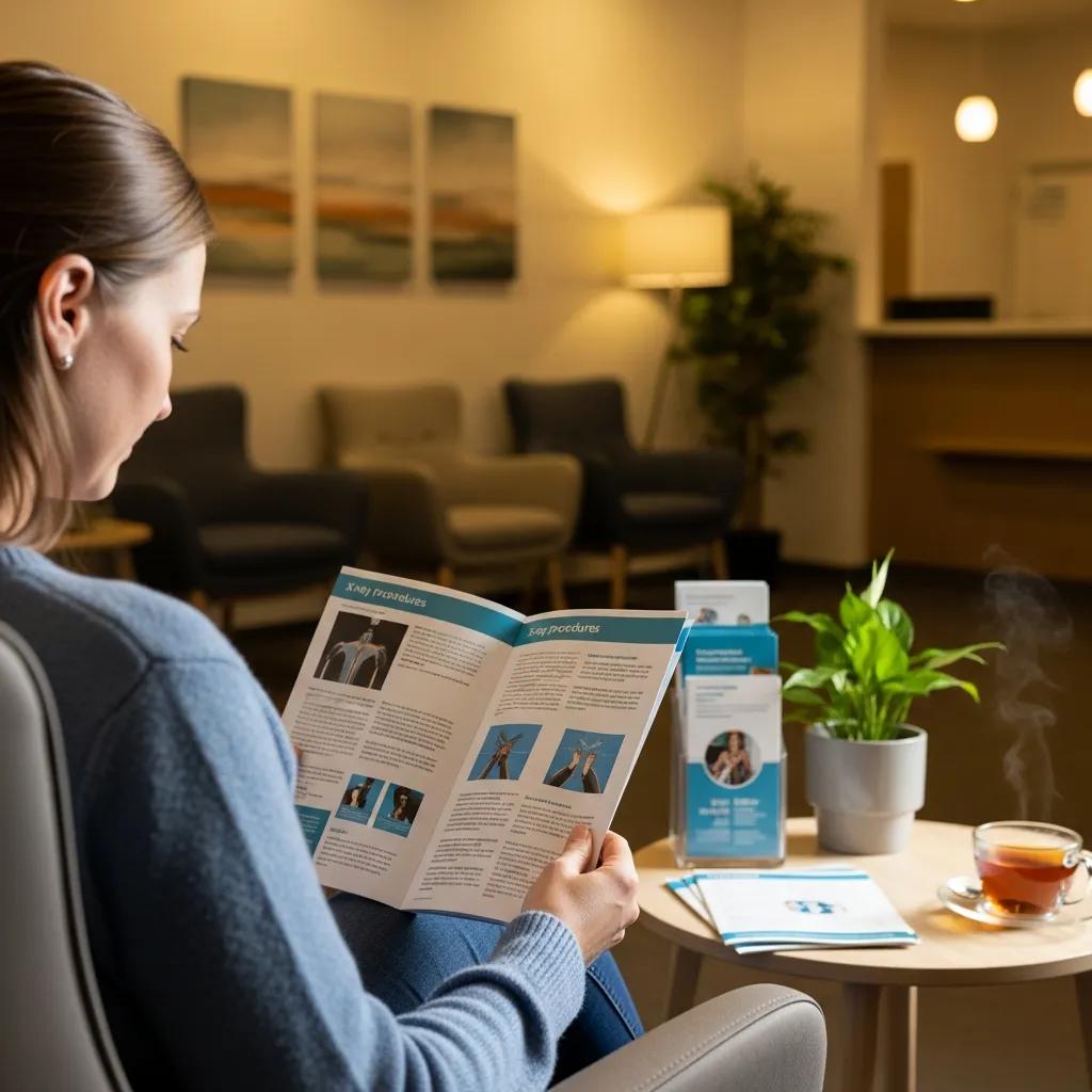 Patient in a waiting area reading an informational brochure about X-ray preparation at Tesla Radiological Services, with a cup of tea and a potted plant on the table.