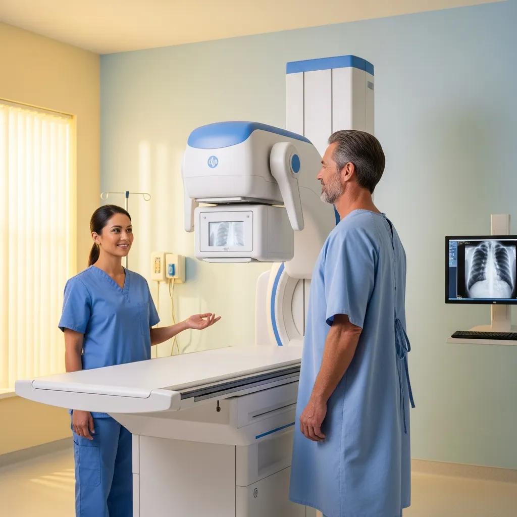 Patient preparing for a chest X-ray with medical staff in a modern radiology setting, featuring advanced imaging equipment and a computer display of X-ray results.