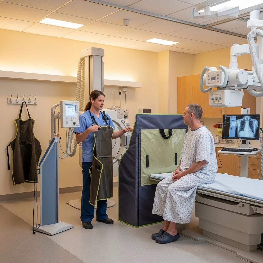 Radiographer explaining radiation safety measures to a patient in an X-ray room, showcasing protective equipment and safety protocols.