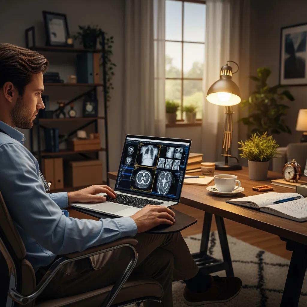 Radiologist interpreting medical images on a laptop in a cozy home office, emphasizing radiology documentation and compliance standards.