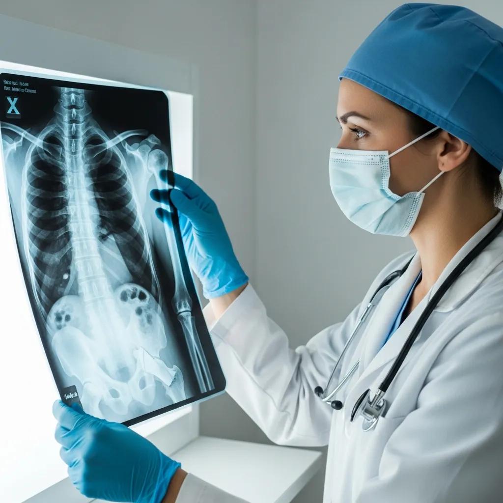 Medical professional analyzing skeletal X-ray for bone fracture diagnosis in clinical setting.