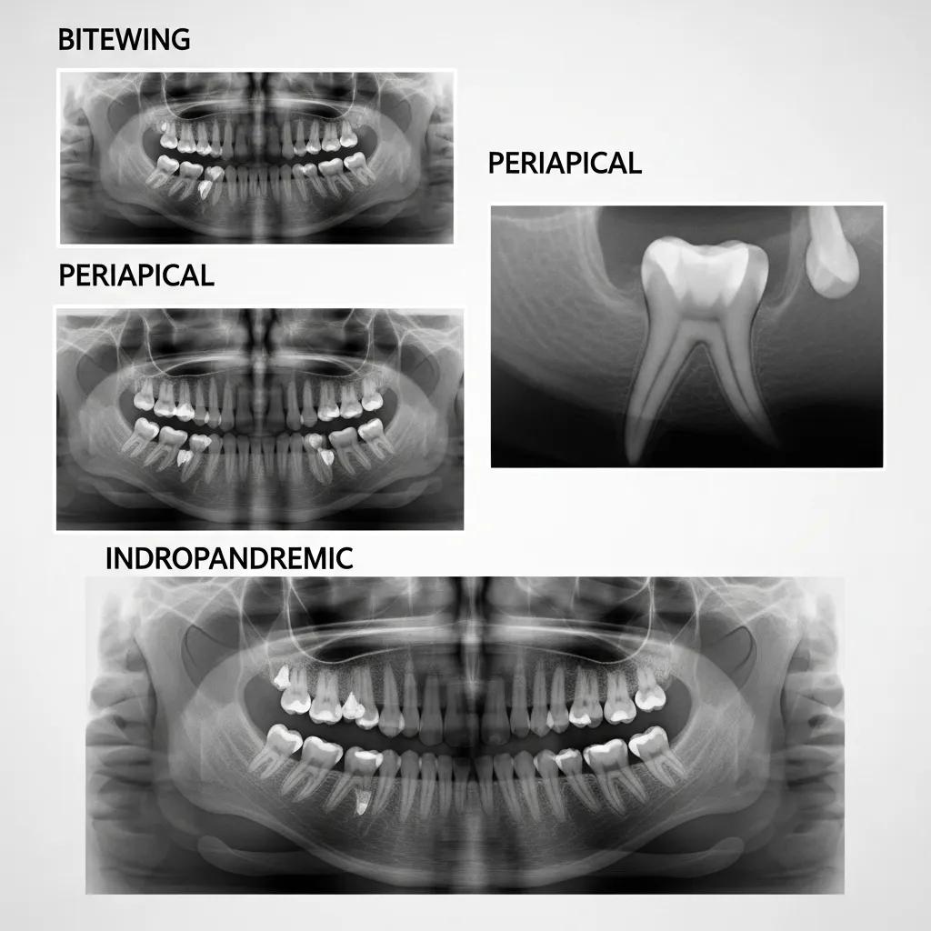 Visual representation of various types of dental X-rays, including Bitewing, Periapical, and Indropandremic, highlighting their distinct imaging techniques for assessing oral health.