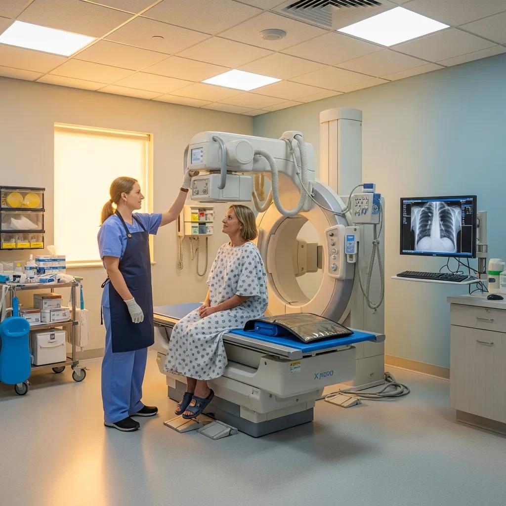 Patient preparing for X-ray procedure with technician in modern radiology clinic, showcasing diagnostic imaging services and patient care.