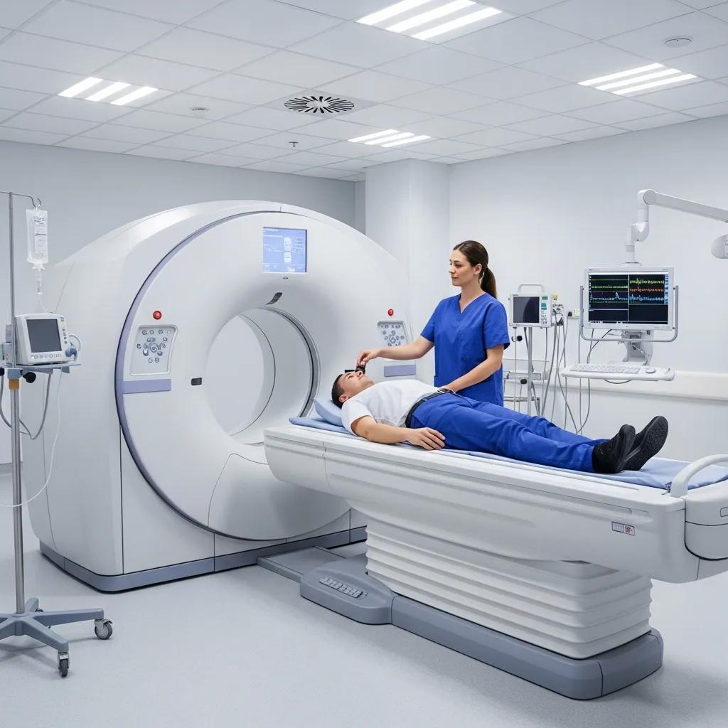 Brain CT scan machine in clinical setting with patient lying on examination table and technician assisting, highlighting diagnostic imaging process.
