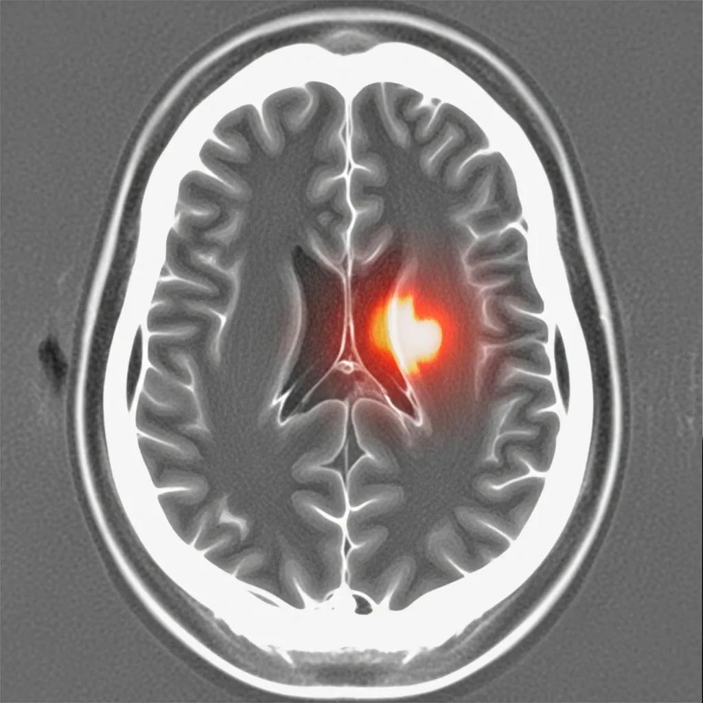 Brain CT scan highlighting stroke location with visible changes in cerebral blood flow, illustrating acute ischemic conditions.