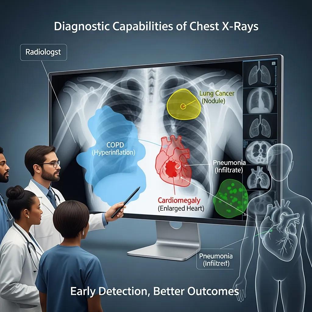 Radiologist analyzing chest X-ray displaying diagnostic indicators for COPD, lung cancer, cardiomegaly, and pneumonia, emphasizing early detection and better outcomes.