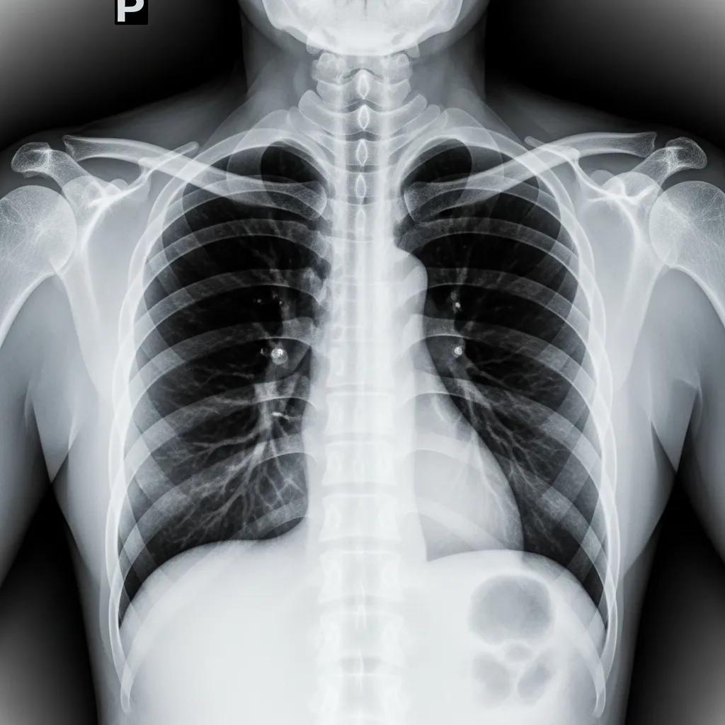 Chest X-ray image displaying lung and heart structures for diagnostic imaging, highlighting thoracic cavity details relevant for medical assessment.