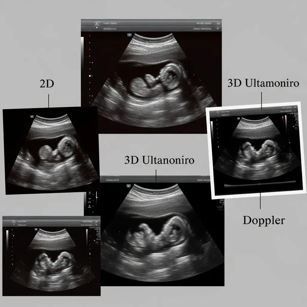 Collage of 2D, 3D, and Doppler pregnancy ultrasound images illustrating different scan types for fetal health monitoring and development assessment.