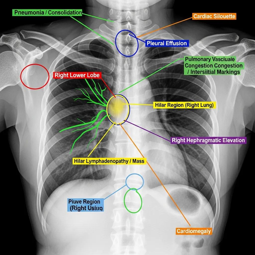 Chest X-ray highlighting common findings such as pneumonia, pleural effusion, cardiomegaly, and hilar lymphadenopathy, with labeled anatomical structures for diagnostic interpretation.