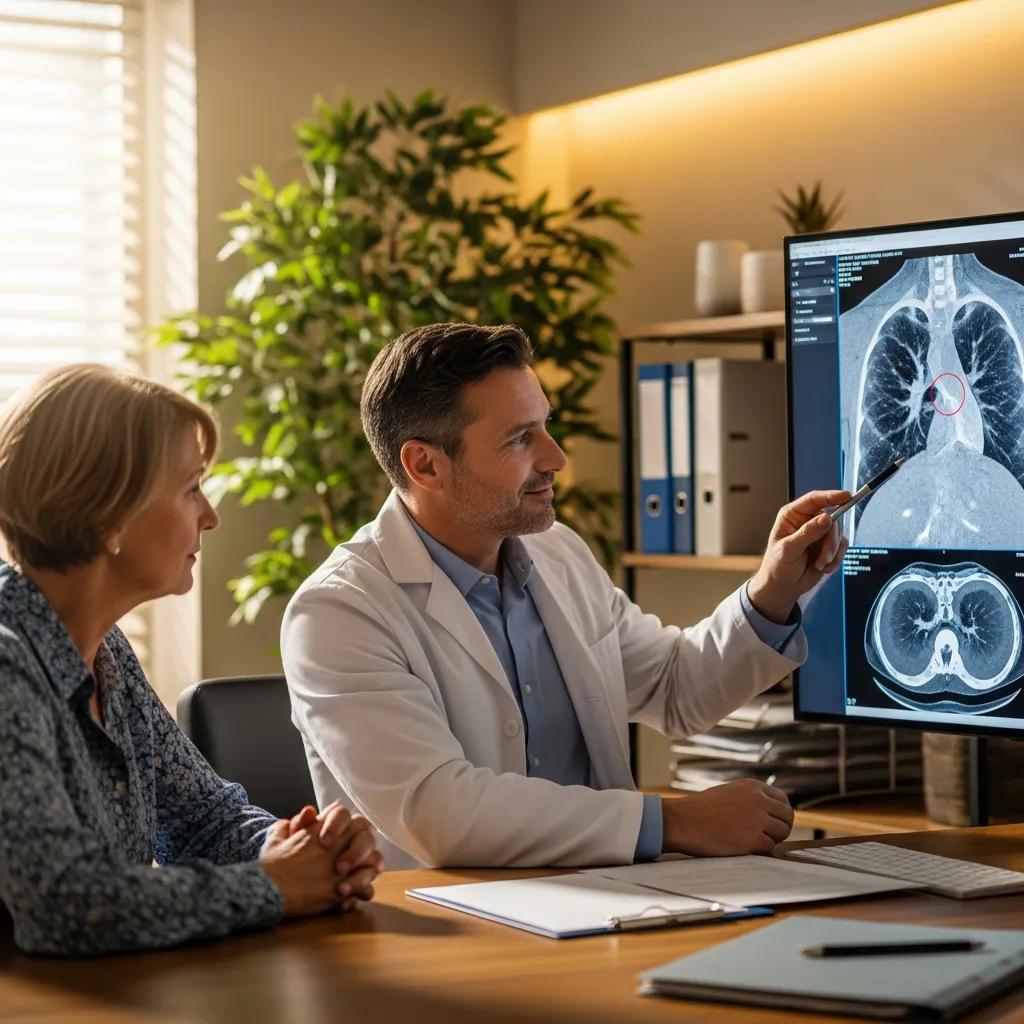 Doctor discussing CT scan results with a patient, highlighting medical imaging significance and understanding preparation protocols.