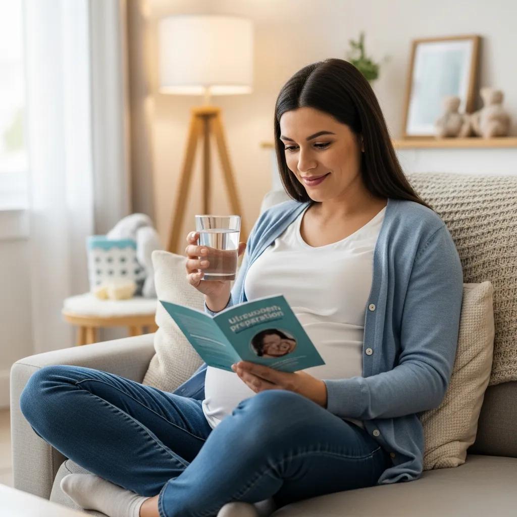 Expecting mother reading an "Ultrasound Preparation" guide while holding a glass of water, sitting comfortably at home, emphasizing prenatal care and preparation for ultrasound appointments.