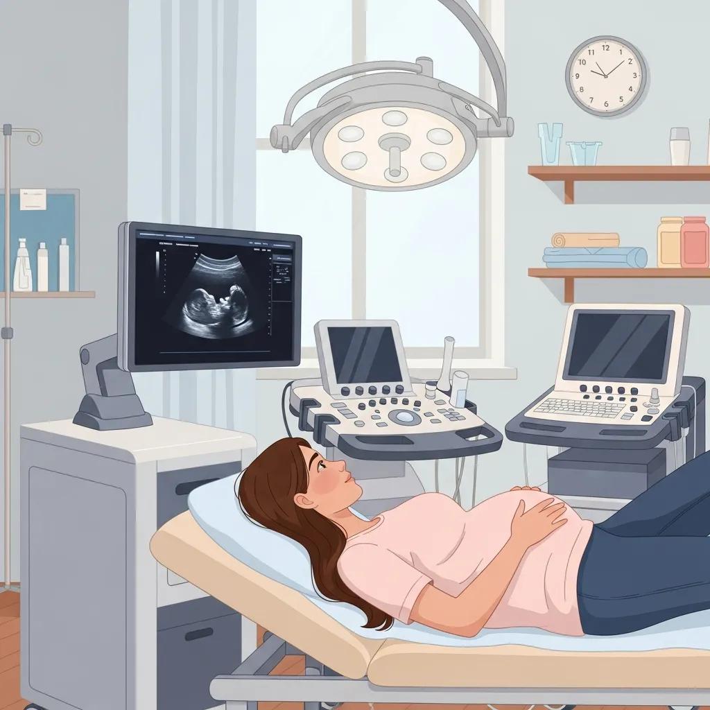 Expecting mother receiving a pregnancy ultrasound in a warm clinic setting with medical equipment and monitor displaying fetal image.