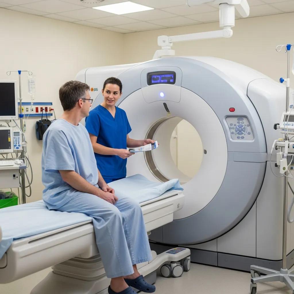 Healthcare professional explaining CT scan procedure to patient in medical imaging room, with CT scanner visible in background.