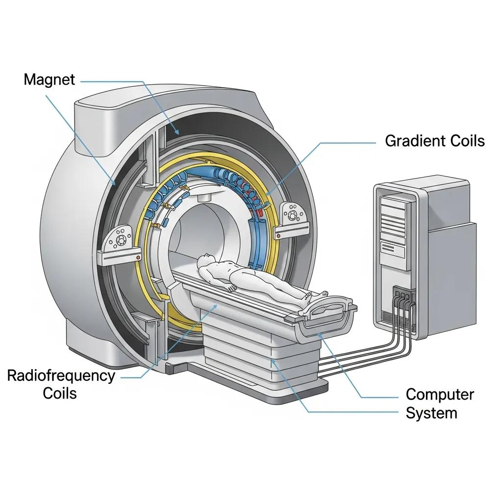 MRI machine diagram illustrating key components: magnet, gradient coils, radiofrequency coils, and computer system, with a patient on the examination table.