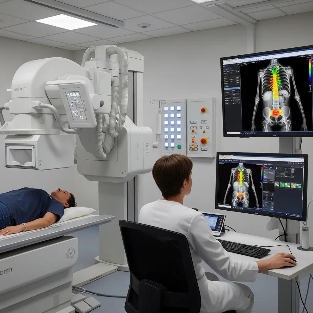 Digital x-ray machine in a clinical setting with a patient lying on the examination table, radiologist reviewing high-resolution images on dual monitors, showcasing advanced imaging technology and workflow efficiency.