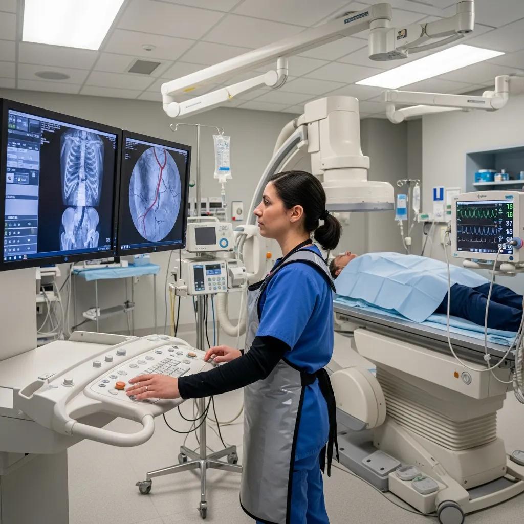 Medical professional operating a fluoroscopy machine, analyzing real-time imaging on dual monitors in a clinical setting, with a patient on the examination table.