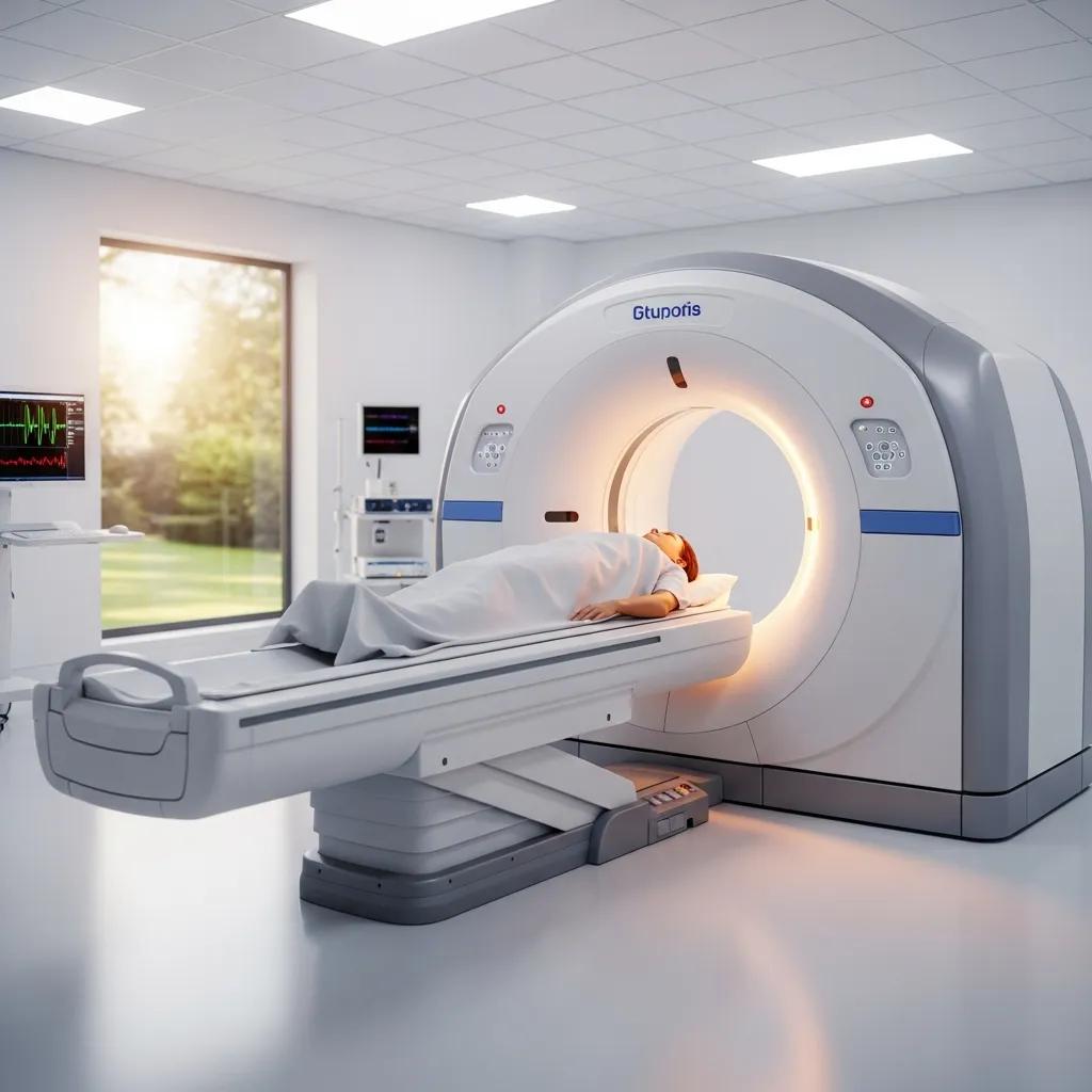 Modern CT scanner in clinical setting with patient on examination table, demonstrating advanced medical imaging technology for diagnostic procedures.