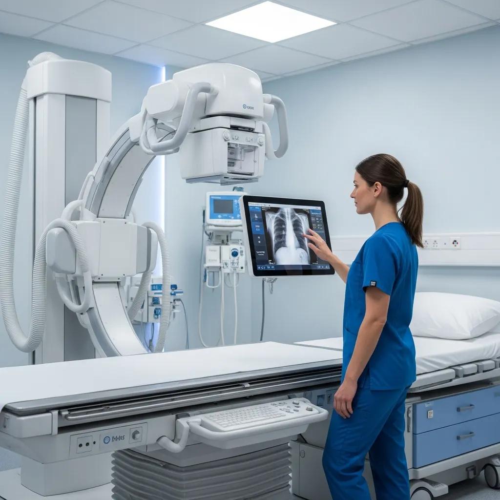 Modern digital x-ray machine in clinical setting with healthcare professional reviewing x-ray images on screen.