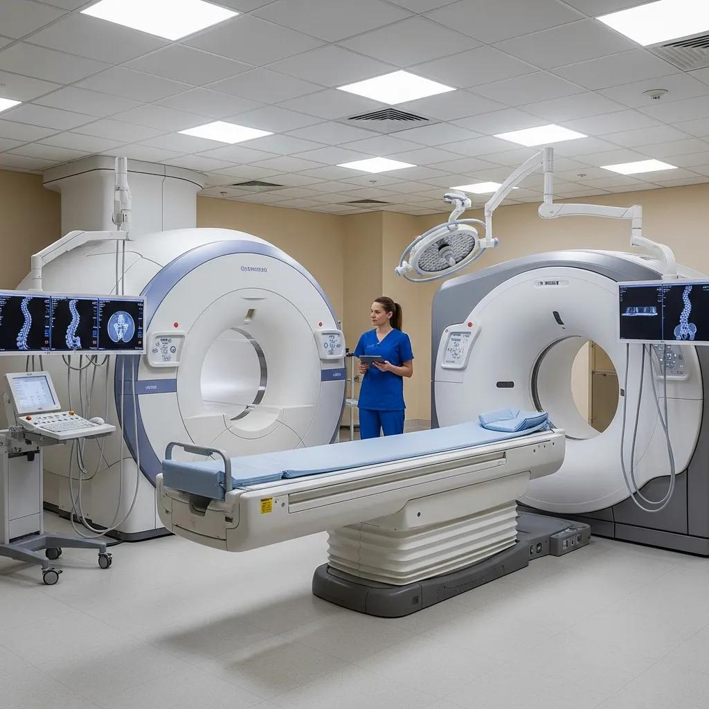 MRI and CT scanner in clinical setting with technician, designed for diagnosing back pain and spinal conditions.
