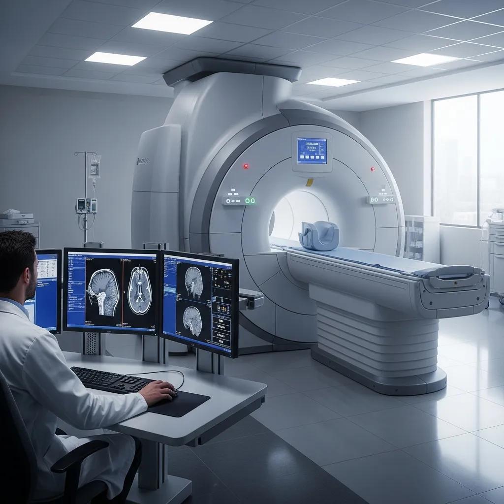 MRI machine in a clinical setting with a technician analyzing brain scans on monitors, highlighting advanced medical imaging technology.