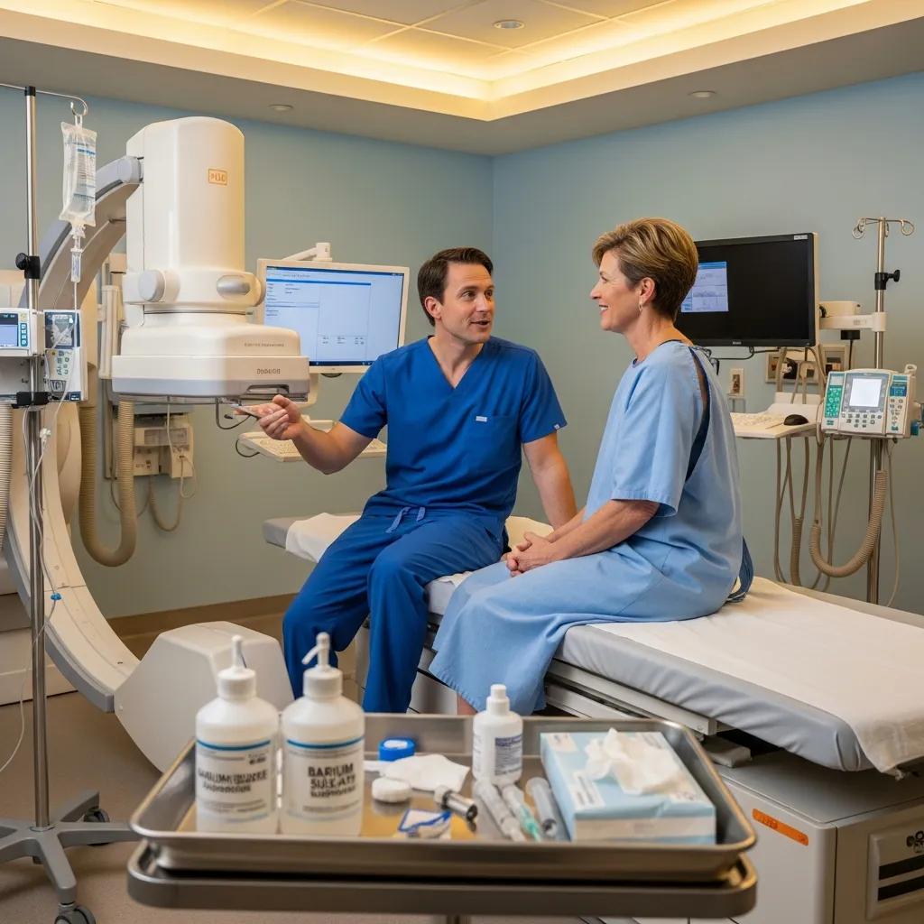 Patient preparation for fluoroscopy procedure with healthcare provider explaining the process