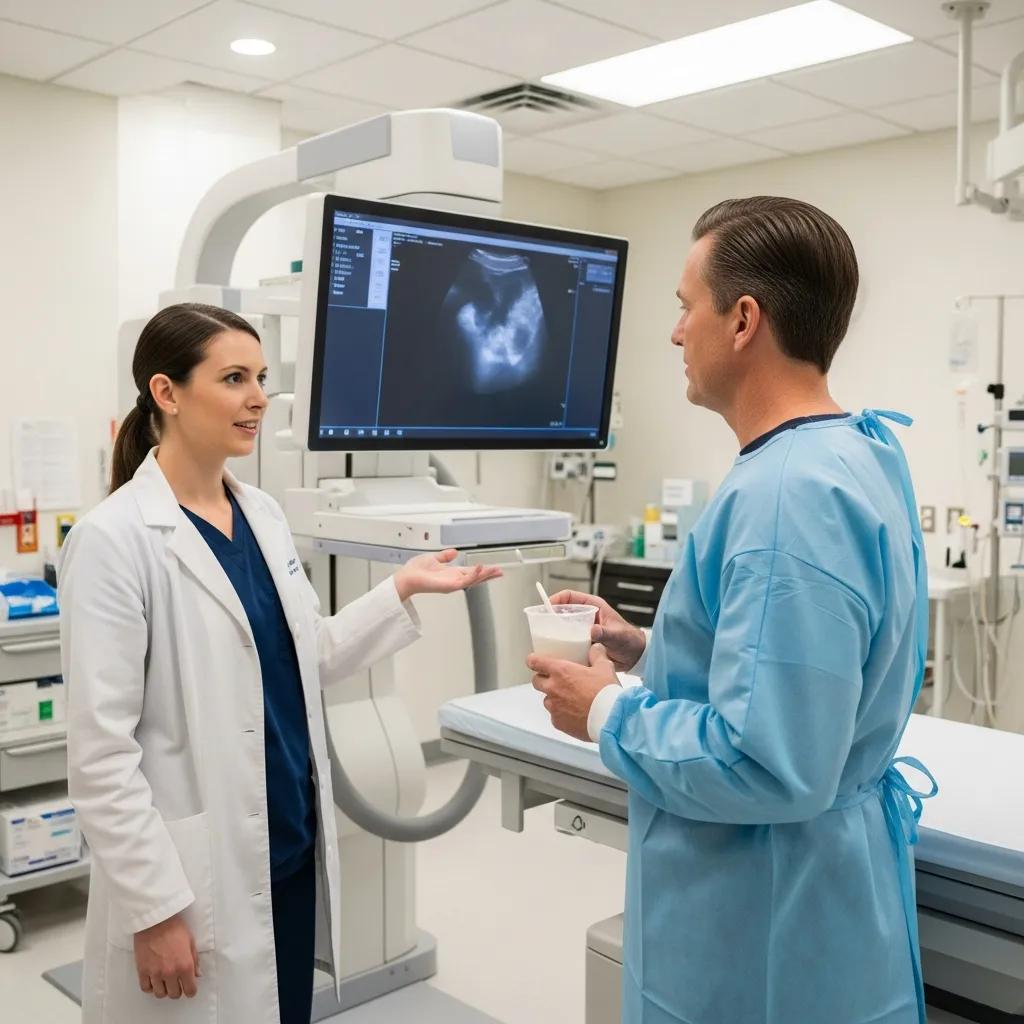 Healthcare professional explaining procedure to patient in clinical setting, with fluoroscopy monitor displaying imaging results, preparing for barium swallow test at Tesla Radiological Services.