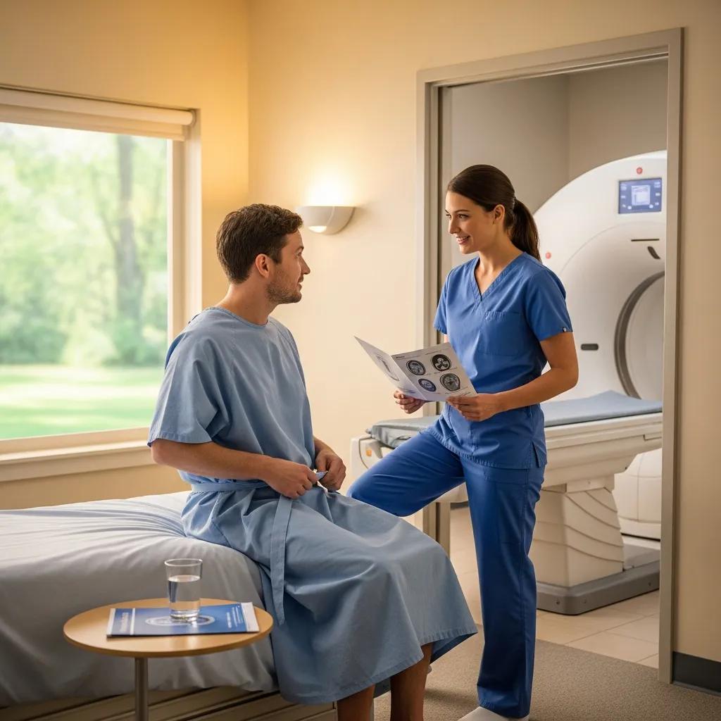 Patient in hospital gown discussing brain CT scan preparation with technician, featuring medical imaging equipment in background.