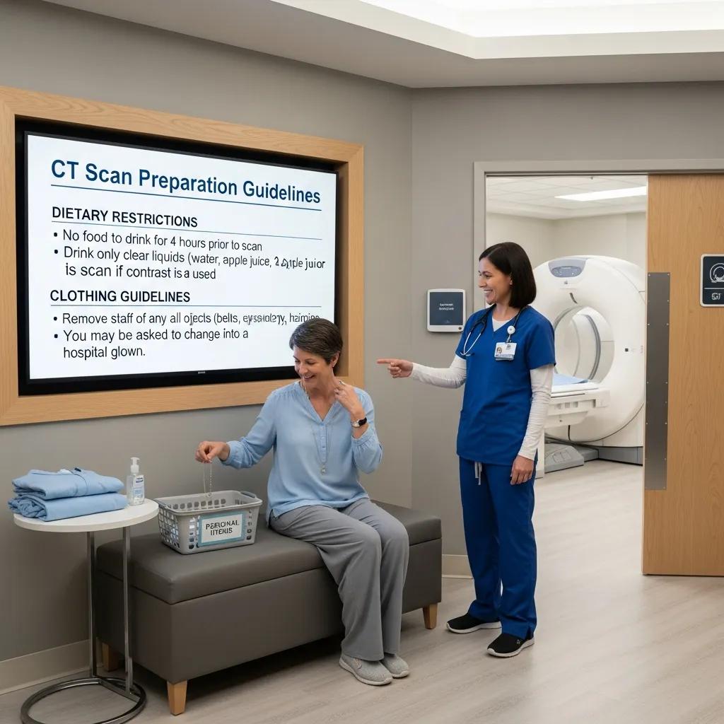 Patient preparing for a CT scan in a modern imaging facility, with guidelines displayed on a screen, emphasizing dietary and clothing restrictions, while a healthcare professional provides assistance.