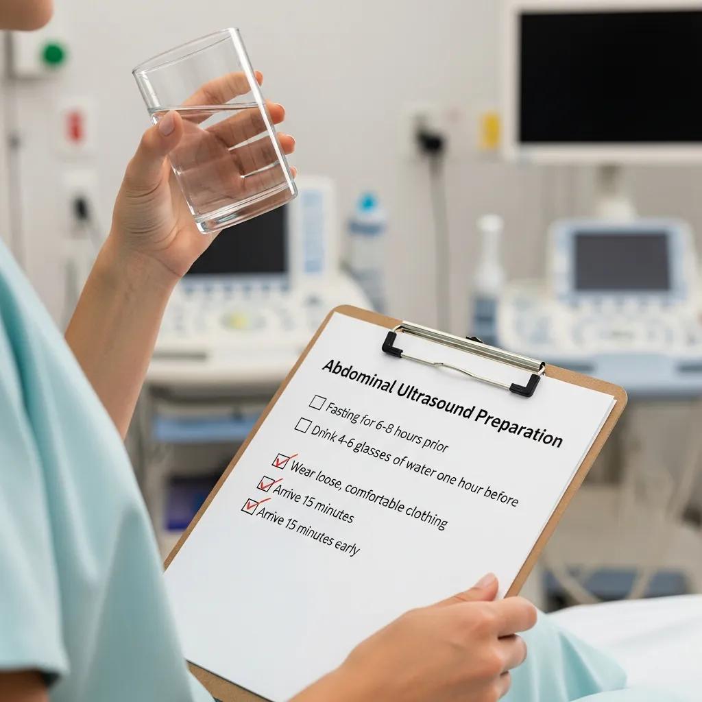 Patient preparing for an abdominal ultrasound with a checklist of preparation guidelines